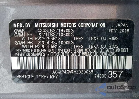 2017 Mitsubishi Outlander Sport Sel from USA, damaged, VIN JA4AP4AW4HZ020036